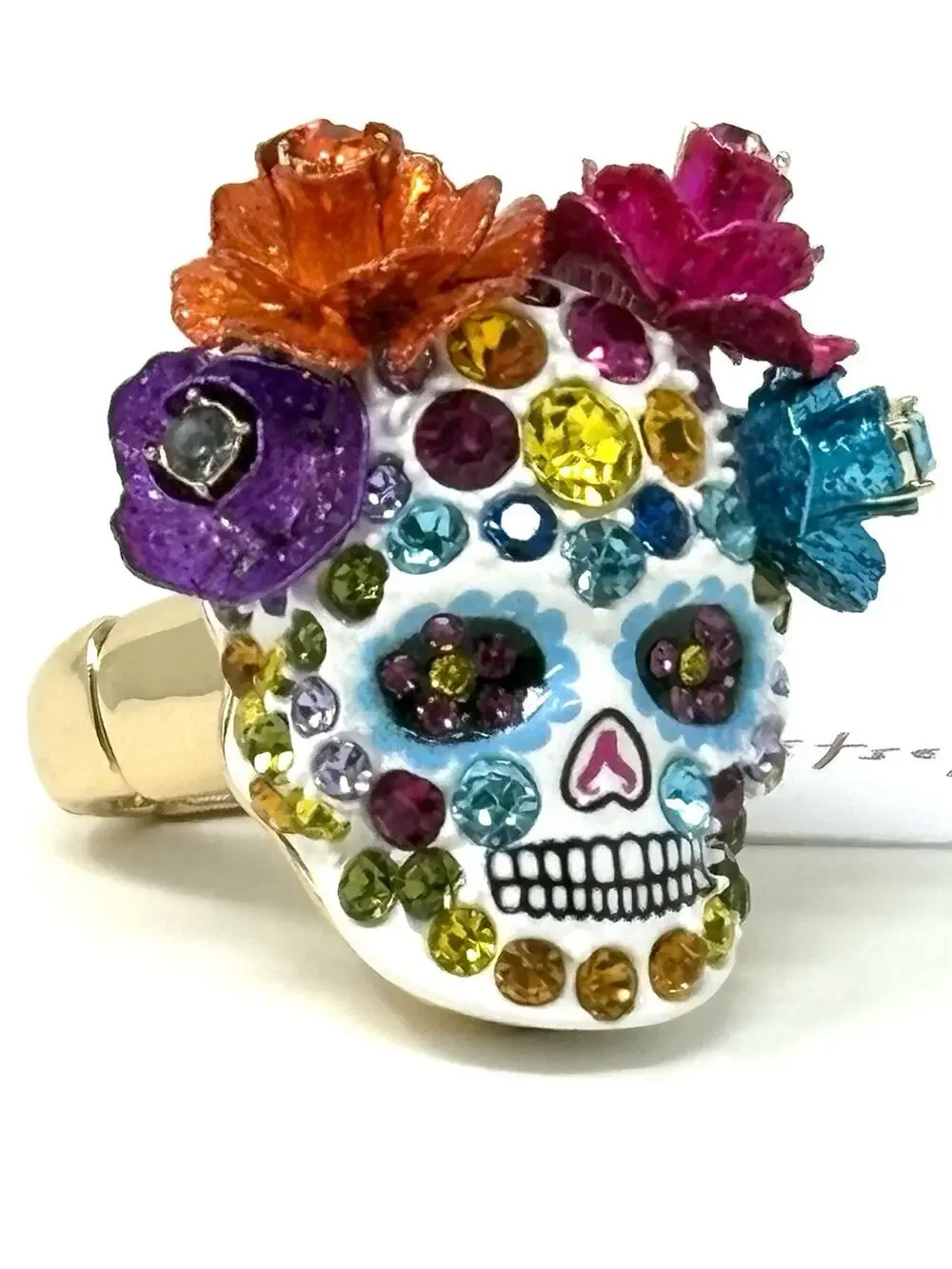 Betsey Johnson Sugar Skull Stretch Ring Day Of The Dead Goth Crystals NO BOX